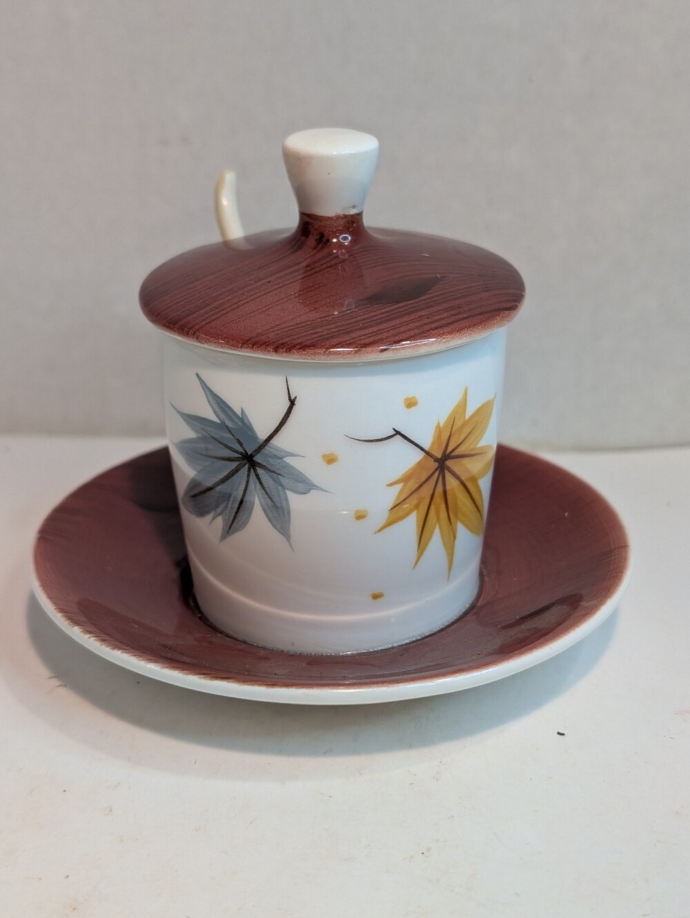 A vintage mid-century modern jam or condiment jar. Autumn Leaves, Japan.